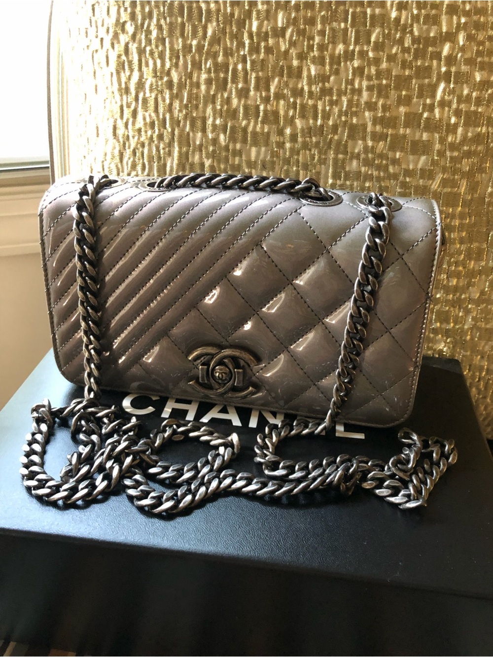 Chanel Coco Boyd Quilted Patent Leather Flap Bag in Dark Gray
